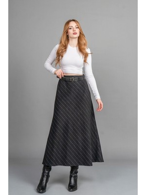 MissVina Premium Çizgili Kaşe Etek – Kemer Detaylı, Düz Bel, Modern Kesim 6853