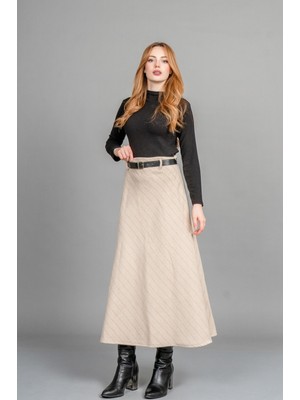MissVina Premium Çizgili Kaşe Etek – Kemer Detaylı, Düz Bel, Modern Kesim 6853