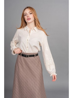 MissVina Premium Çizgili Kaşe Etek – Kemer Detaylı, Düz Bel, Modern Kesim 6853