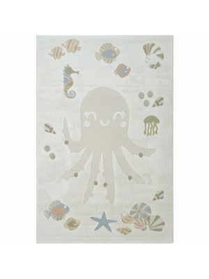 Cool Halı Smile Krem Renkli Denizaltı Figürlü Yumuşak Kolay Temizlenen Makine Dokuma Bebek Çocuk Odası Halısı