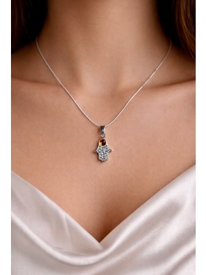 miraç gümüş takı atölyem 925 Ayar Gümüş Zirkon Taşlı Fatma Ana Eli Detaylı Kolye