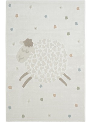Cool Halı Smile Krem Çiçekli Koyun Figürlü Yumuşak Parlak Dokuma Kolay Temizlenebilir Bebek Odası Çocuk Halısı