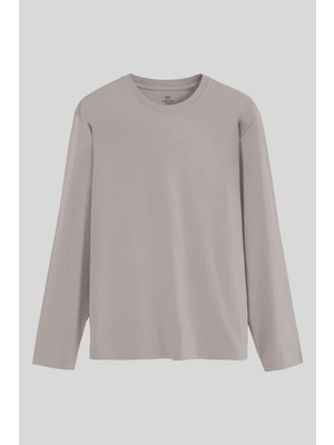 Tommy Life Koyu Bej Standart Fit Basic O Yaka Uzun Kollu İnce Erkek T-Shirt - 87997
