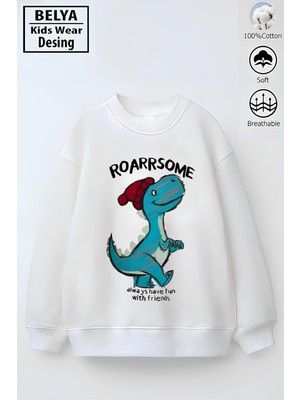 Belya Kids Wear Tam Kalıp Oversize Erkek Çocuk Pamuğa Pamuk 3 Iplik Kumaş Dinazor 2 Karakter Tasarım Sweatshirt