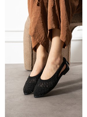 FootFrenzy Kadın Dantel Detaylı Arkası Açık Rahat Örgü Nakışlı Hasır Babet