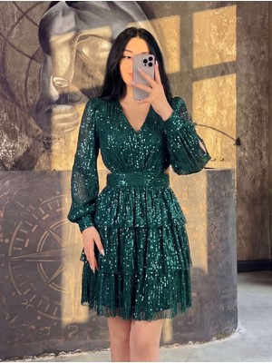 Miss Swans Sierra Pullu Arkası Dekolteli Mini Abiye Zümrüt Yeşili