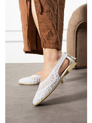 FootFrenzy Kadın Dantel Detaylı Arkası Açık Rahat Örgü Nakışlı Hasır Babet