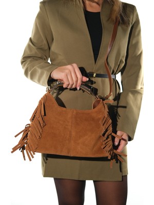 Luvi Astren Taba Süet Hakiki Deri Püsküllü Kadın Kol Çantası