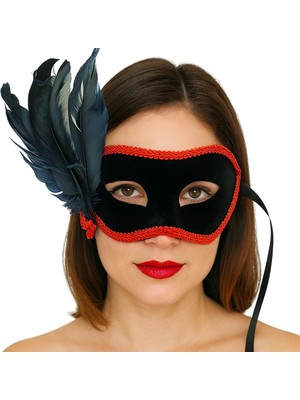 Siyah Renk Yandan Tüylü Siyah Süet Kaplama Parti Balo Maskesi 21X20 cm CHN-T775