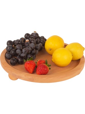 WoodHaus Doğal Ahşap Yuvarlak Sunum Tepsisi 28 cm – Ayaklı Servis & Sofra Sunum Aksesuarı