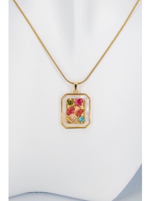 Stella Fortis Dikdörtgen Çerçeveli Çok Renkli Zarif Kolye - Altın Kaplama | Kristal Taşlı