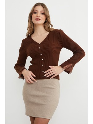 FullaModa Inci Detaylı  Kol Ucu Dantelli Triko Kazak