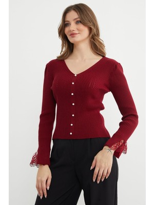 FullaModa Inci Detaylı  Kol Ucu Dantelli Triko Kazak