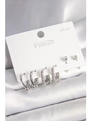 925 Ayar Gümüş Çivi Pirinç Gümüş Renk Zirkon Taşlı Tiffany Halka Model Kadın Küpe Seti EB-53-VICE/(1395) 4460