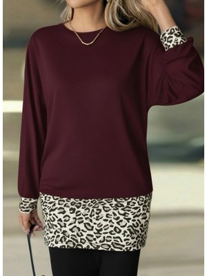 Kadın Uzun Kollu Bisiklet Yaka Üst Viskon Iki Iplik Alt Leopar Desenli Mini Elbise