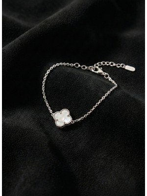 Erdobia 925 Ayar Beyaz Sedef Taşlı Rodyum Tekli Yonca Gümüş Bileklik