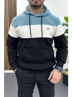 Edwox Erkek Slim Fit Renk Bloklu Kapüşonlu Sweatshirt Açık Mavi EDW438