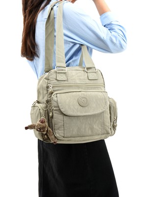 Duomino Bej Krinkıl Suya Dayanıklı Klinkır Çok Cepli Çapraz Çanta / Omuz Çantası / Postacı Çanta