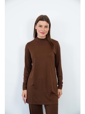 Penye Bizden Viskon Dik Yaka Tunik-Kahverengi