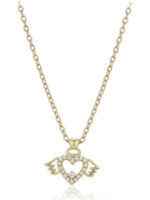 SERENES Zirkon Taşlı Kanatlı Kalp Figürlü 14 Ayar Altın Kaplama Kadın Kolye