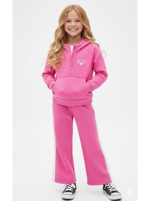 ML Çocuk Takım Gap Model Pembe Uzun Kollu Kapüşonlu 3 Iplik Şardonsuz Pamuk Fırçalı Kumaş