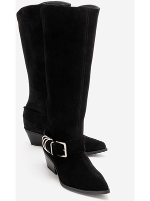 Luvi Helıos Siyah Süet Hakiki Deri Tokalı Kadın Western Çizme