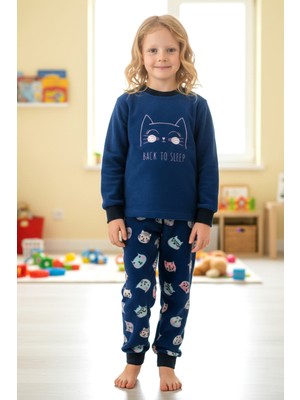 Aydoğan Kız Çocuk Kadife Polar Desenli Pijama Takımı 1682 Lacivert