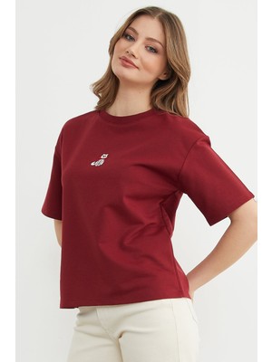 FullaModa Kedi Nakışlı Bisiklet Yaka Salaş Tişört