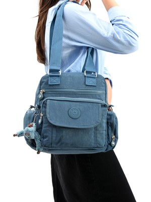 Duomino Mavi Krinkıl Suya Dayanıklı Klinkır Çok Cepli Çapraz Çanta / Omuz Çantası / Postacı Çanta