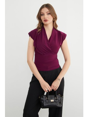 FullaModa Omuz Vatkalı Kruvaze Yaka Bluz