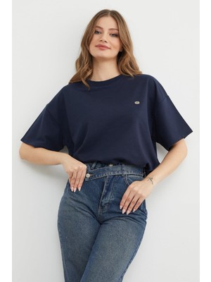 FullaModa Kadın Oversize Tişört %50 Pamuk %50 Polyester Kısa Kol Günlük Stil Fiyonk Aksesuarlı