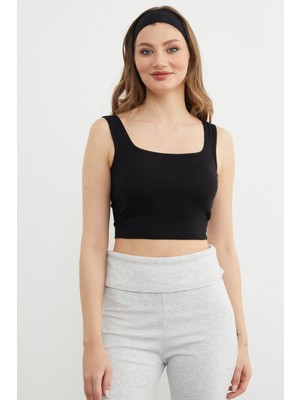FullaModa Basic Kare Yaka Kaplı Crop Body