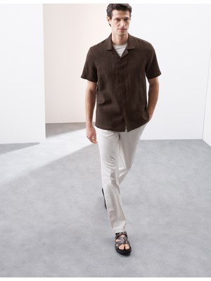 Marks & Spencer Saf Keten Herringbone Cuban Kısa Kollu Gömlek