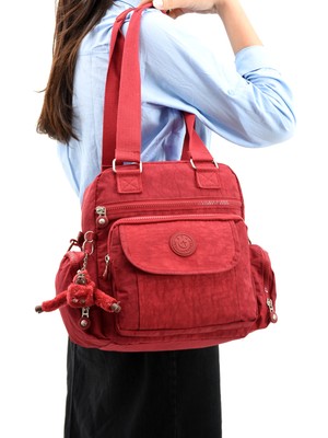 Duomino Kırmızı Krinkıl Suya Dayanıklı Klinkır Çok Cepli Çapraz Çanta / Omuz Çantası / Postacı Çanta