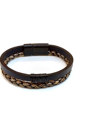 Herşey Nota Golden Shadow – Siyah Deri & Altın Ton Örgü Detaylı Erkek BILEKLIK-1439