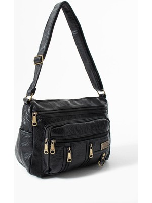 Duomino Siyah Yıkama Deri Çok Cepli Çapraz Çanta / Omuz Çantası / Postacı Çanta