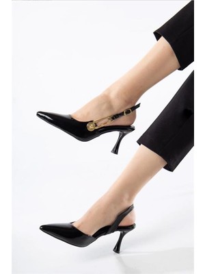 Les Passent Kadın Grant Siyah Rugan Düğmeli Tokalı 7 cm  Ince Topuk Ayakkabı Stiletto