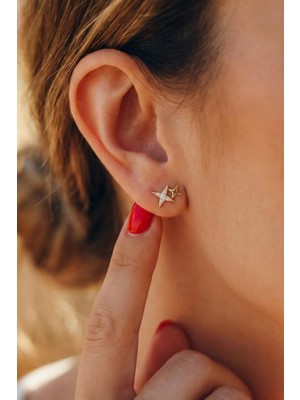 Fiyonk Kuyumculuk 14 Ayar Altın Işıltılı Minik Ikili Taşlı Tasarım Yıldız Küpe