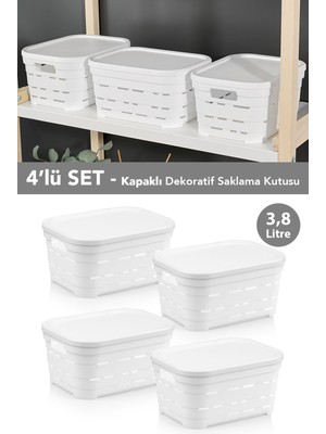 Meleni Home 4'lü Kapaklı Delikli Dekoratif Piramit Saklama Kutusu - Dolap Içi Düzenleyici Organizer 3,8 Lt Beyaz