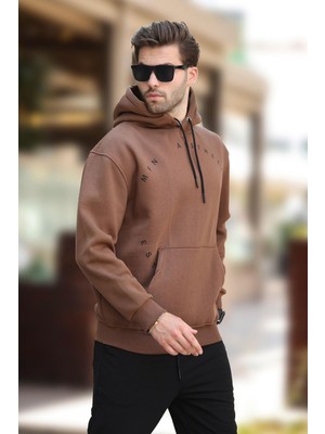 Madmext Kahverengi Kapüşonlu Cep Detaylı Nakışlı Erkek Sweatshirt 7054