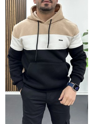 Edwox Erkek Slim Fit Renk Bloklu Kapüşonlu Sweatshirt Vizon EDW438