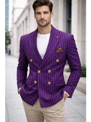 Sabri Zengin Erkek Çizgili Kruvaze Slim Fit Blazer Ceket