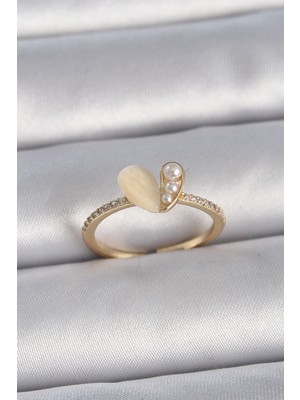 Pirinç Gümüş Renk Ayarlanabilir Zirkon Taşlı Beyaz Mineli Kalp Model Kadın Yüzük EB-53-VICE/(1395) 3521