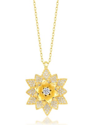 Erseyy 925 Ayar Gümüş Gold Beyaz Taşlı Lotus Çiçeği Kadın Kolye
