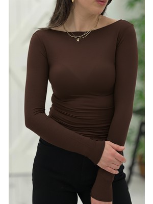 Pepicino Acı Kahve Kayık Yaka Transparan Bluz 5187