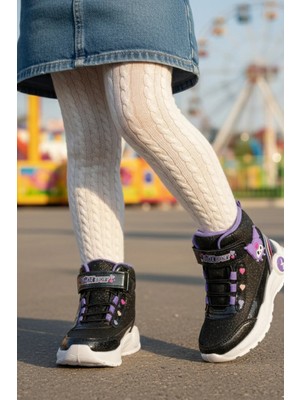 Kuromi Desenli Siyah Simli Kız Çocuk Botu – Cırt Cırtlı, Yüksek Taban, Kışlık Spor Ayakkabı