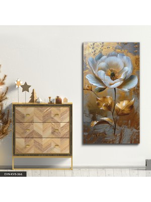 Evine Moda Yağlı Boya Görünümlü Gold Detaylı Beyaz Çiçek Tek Parça Kanvas - Canvas Tablo