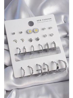 Pirinç Gümüş Renk Papatya Detaylı 12 Çiftli Kadın Küpe Seti EB-53-VICE/(1395) 3485