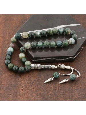 Erseyy ​doğaltaş Metal Püsküllü Hint Akik Taşlı Tesbih