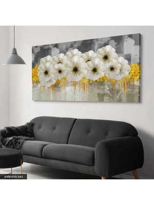 Evine Moda Modern Çiçek Desenli Altın ve Beyaz Tablo - Minimalist Duvar Dekoru Tek Parça Kanvas - Canvas Tablo